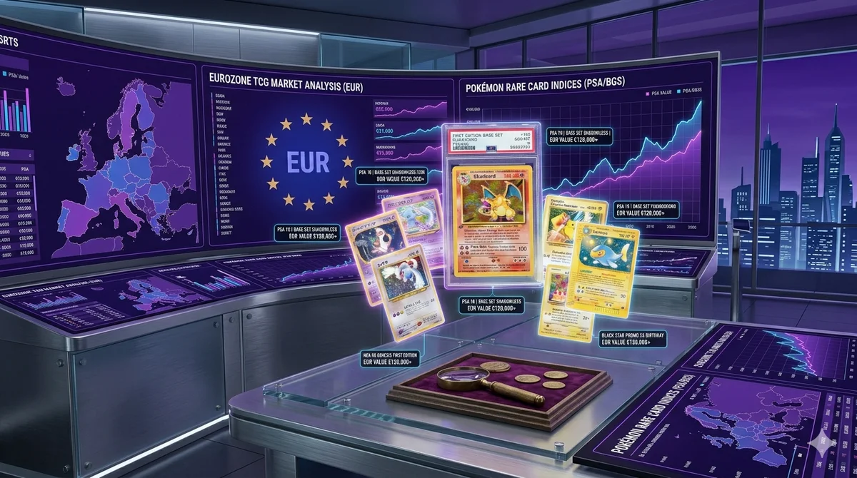A European trading-style market chart with rare Pokémon cards overlaid, featuring the CardMarket logo in the background.