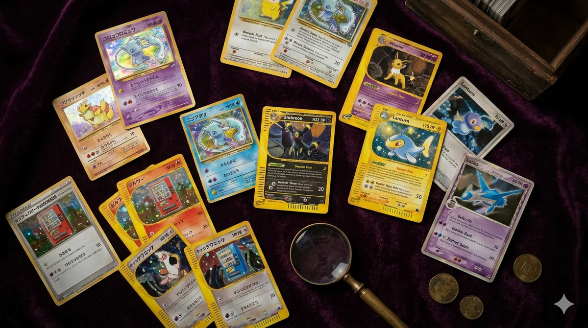 A selection of underrated but highly detailed Pokémon cards displayed in protective cases.
