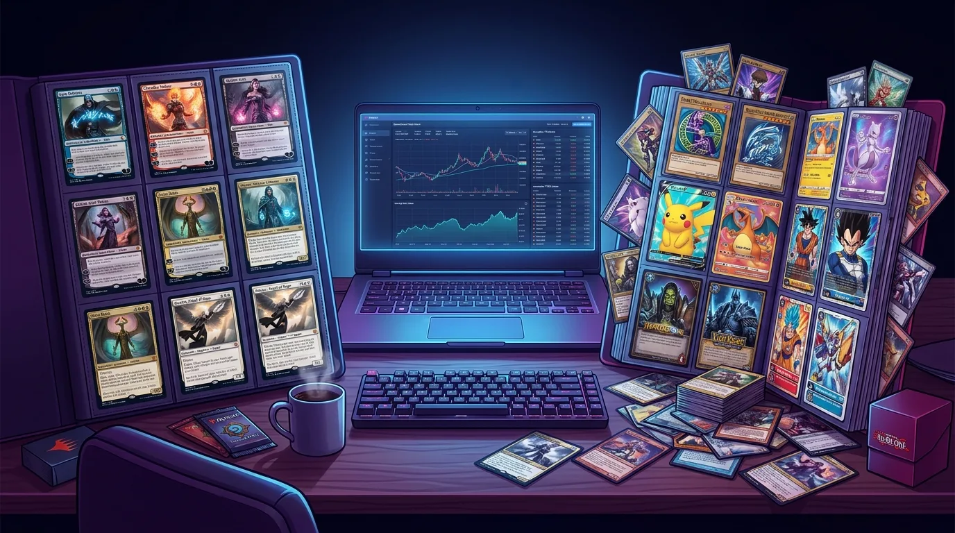 A developer's desk at night with two open card binders side by side: one holding a neat grid of trading cards, the other overflowing with cards from a dozen different card games, a laptop between them showing glowing price charts, cool blue and violet light.