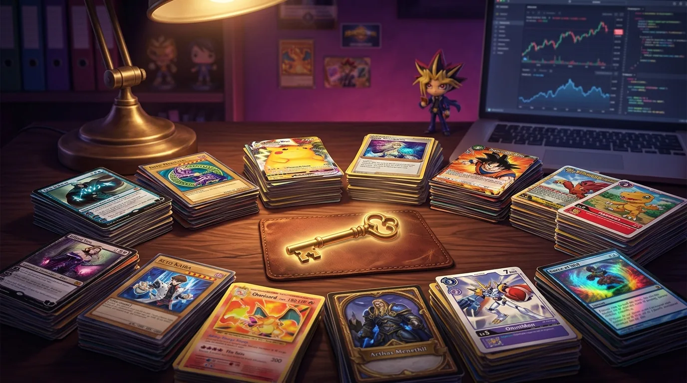 A single glowing brass key resting on a dark wooden desk, surrounded by twelve fanned-out stacks of trading cards with different colored backs and borders, holographic foils catching warm lamp light, a laptop screen softly glowing with price charts in the background, cozy late-night developer atmosphere.