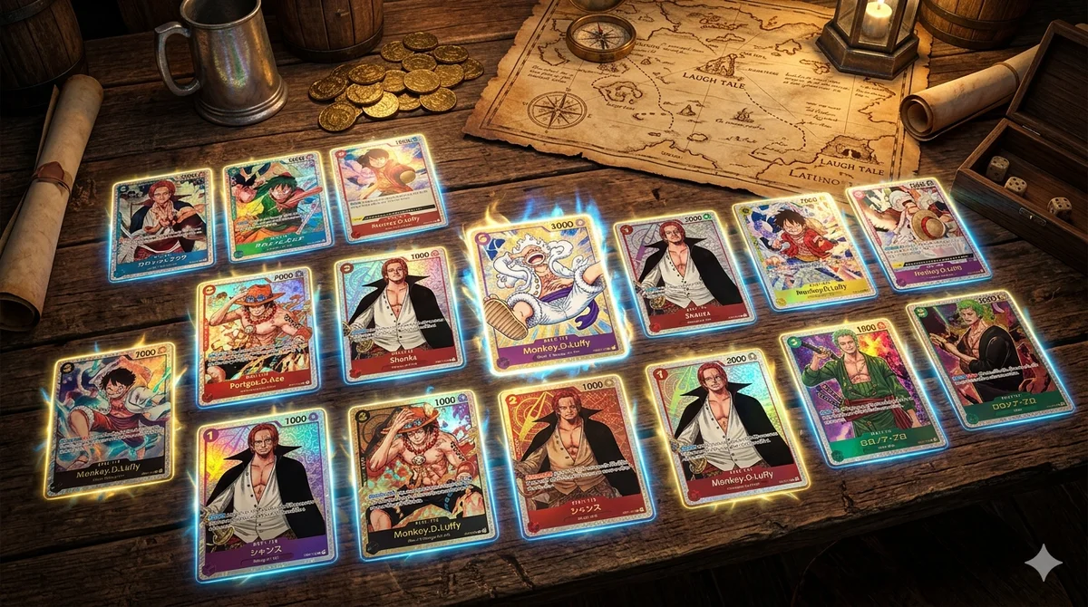 A detailed visual chart displaying various One Piece card rarity symbols, including Common, Uncommon, Rare, Super Rare, SEC, and Alternate Arts.