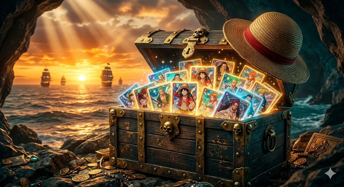 A dramatic treasure chest overflowing with glowing Romance Dawn OP01 One Piece trading cards, with Luffy's straw hat resting on top, surrounded by golden light and ocean waves.
