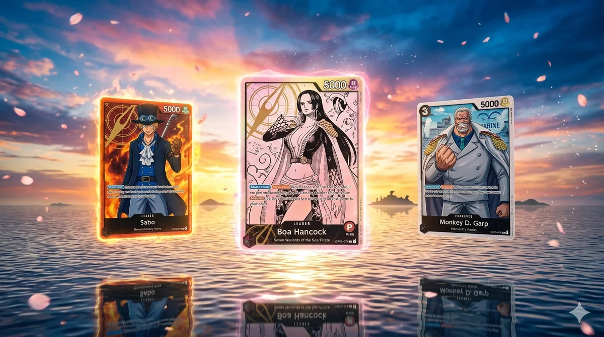A radiant new-era dawn over the East Blue horizon with One Piece TCG cards featuring Boa Hancock Manga Rare and the Worst Generation floating dramatically above a calm sea, bathed in golden and rose light.
