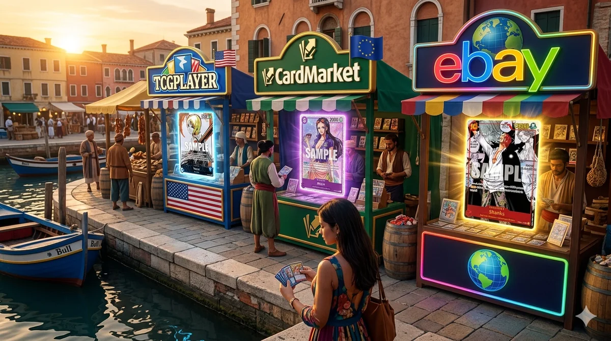 A grand marketplace scene inspired by One Piece's Water Seven harbor, with glowing TCGPlayer, CardMarket, and eBay logos displayed on merchant stalls, One Piece TCG cards prominently featured including Nami Alt Art and Manga Rare Shanks.