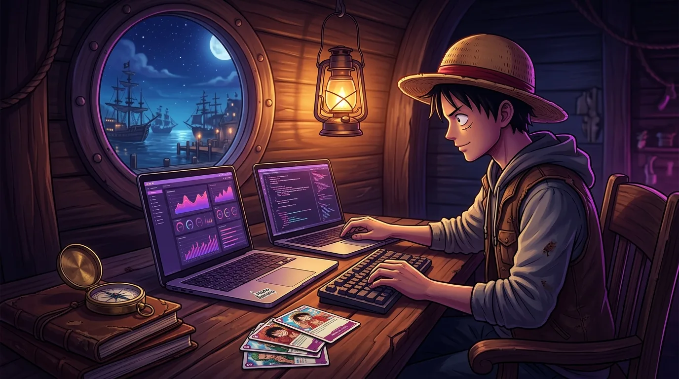 A young pirate developer in a straw hat at a wooden desk inside a ship's cabin, two laptops glowing with abstract charts, One Piece trading cards fanned beside a brass compass, warm lantern light and a moonlit harbor through the porthole.