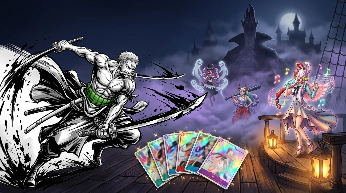 Roronoa Zoro mid-slash in stark ink-brush style beside Uta singing on a moonlit stage, with Perona, Yamato and Gecko Moria emerging from violet fog behind a fanned spread of foil cards resting on a weathered ship deck under warm lantern light.