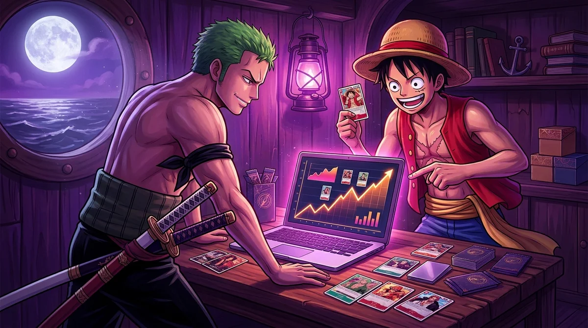 Roronoa Zoro, green-haired with three katana at his hip and a green bandana around his arm, and Monkey D. Luffy in his straw hat grinning as they lean over a glowing laptop of rising price charts, trading cards scattered across a ship's wooden desk, warm lantern light, a moonlit sea through the porthole.