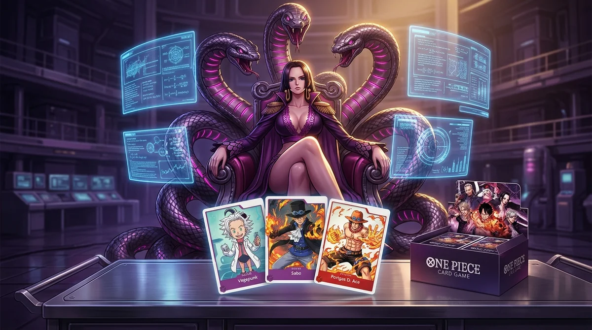 Boa Hancock seated on a serpent throne inside a futuristic Egghead laboratory, with Vegapunk, Sabo and Portgas D. Ace cards fanned across a steel table beside a sealed booster box, glowing blue holographic screens and warm golden rim light.