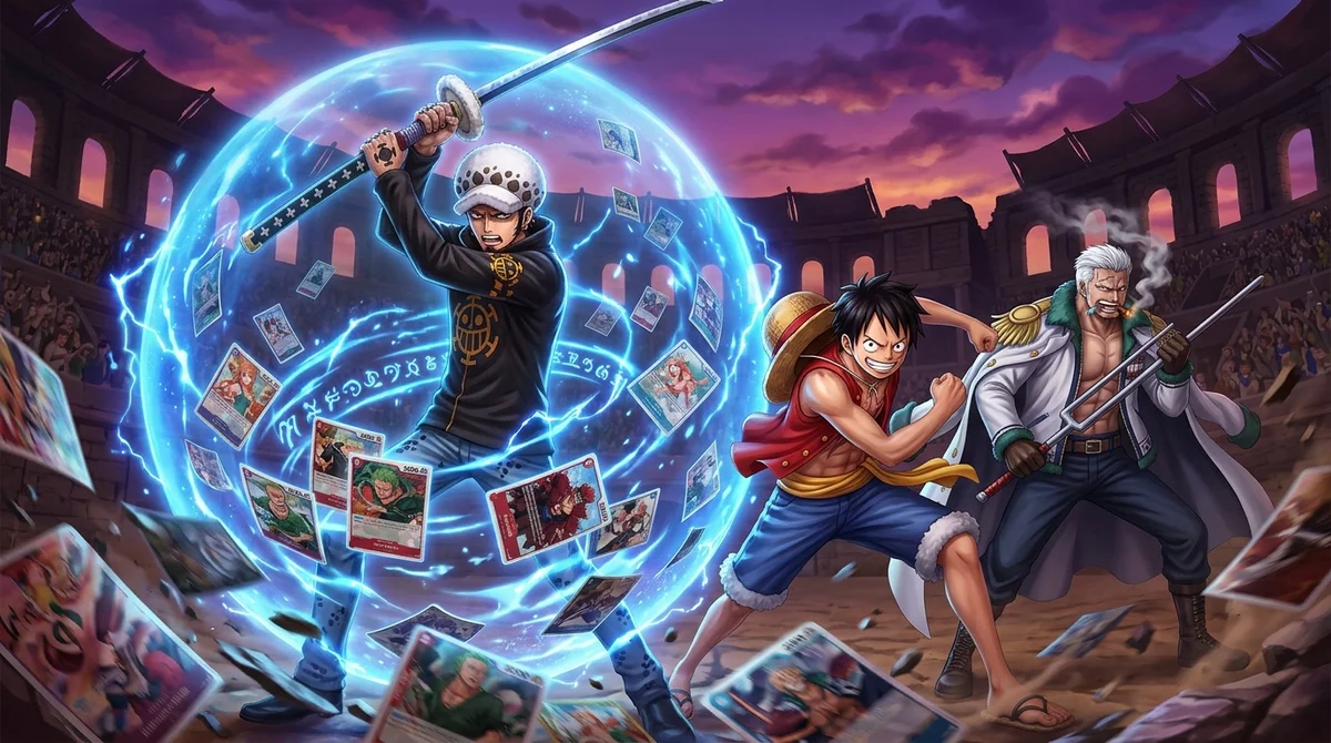 Trafalgar Law in his white spotted fur hat raising his long nodachi inside a glowing blue ROOM sphere, beside Monkey D. Luffy in his straw hat and red vest and white-haired Smoker with two cigars and his jitte, in the sunlit Dressrosa colosseum as One Piece cards whirl around them.