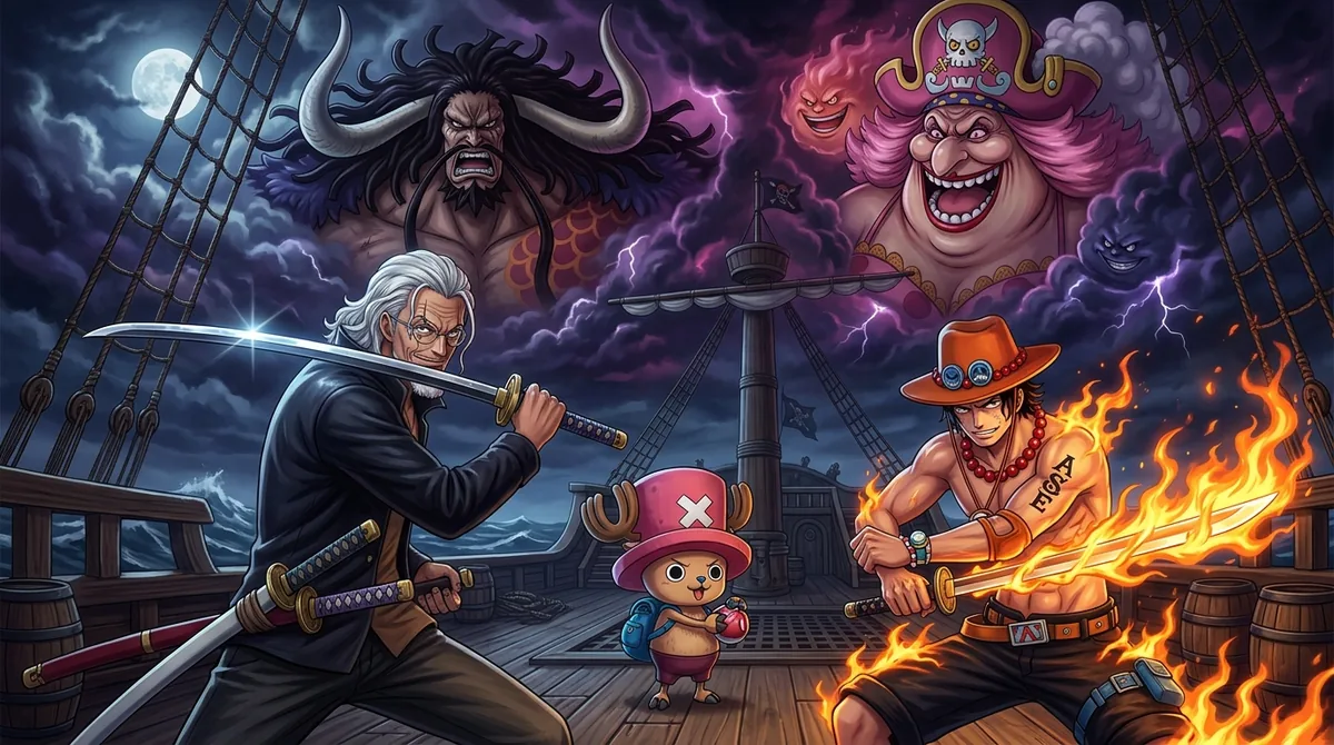 Silvers Rayleigh with white hair, round glasses and a scar over his right eye drawing his sword beside Tony Tony Chopper in his pink top hat and Portgas D. Ace in his orange cowboy hat, while horned Kaido and Charlotte Linlin loom in stormy clouds above a moonlit ship deck.