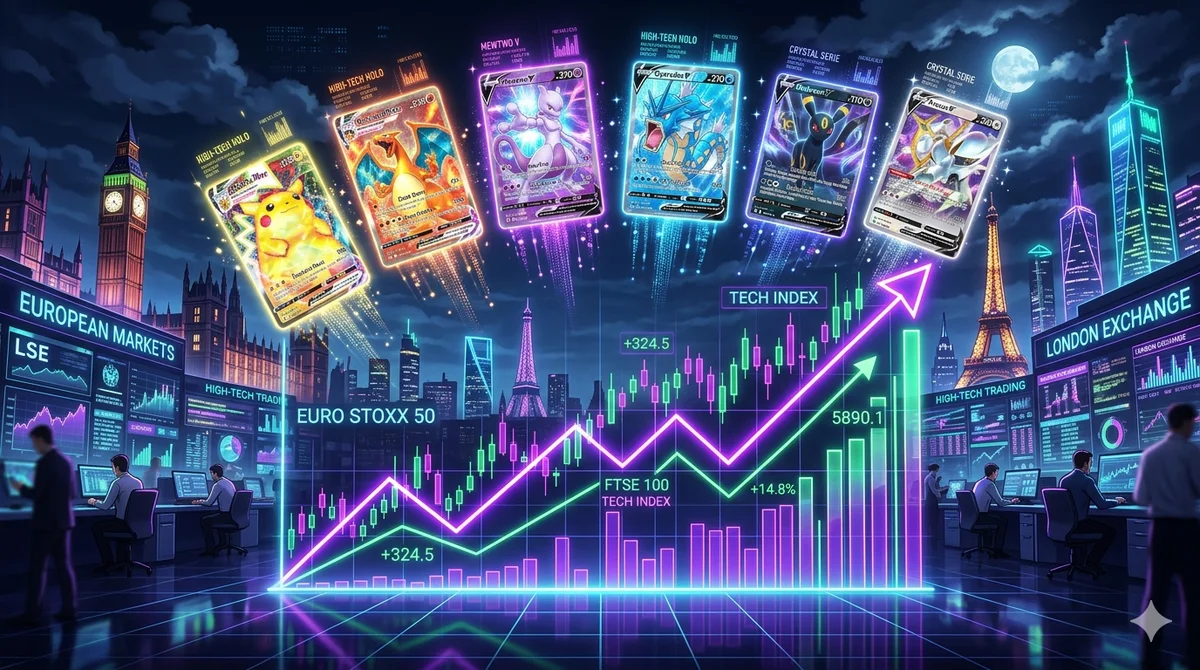 A European trading-style market chart with rare Pokémon cards overlaid, featuring the CardMarket logo in the background.