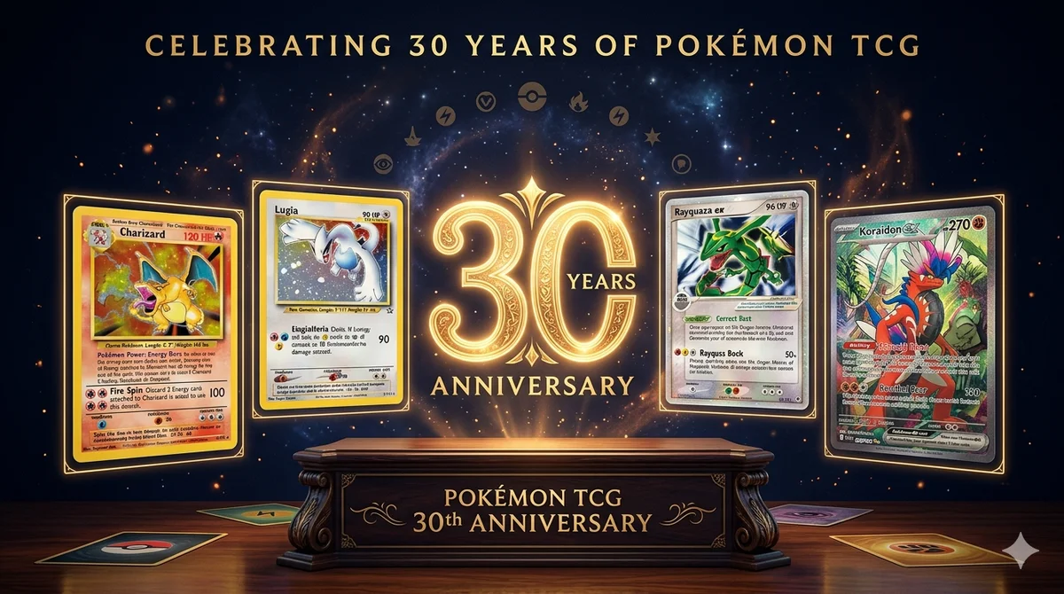 A golden-lit commemorative display of iconic Pokémon cards spanning all generations — from Base Set Charizard to modern SARs — arranged in a grand anniversary tableau with a glowing '30' emblem at the center.