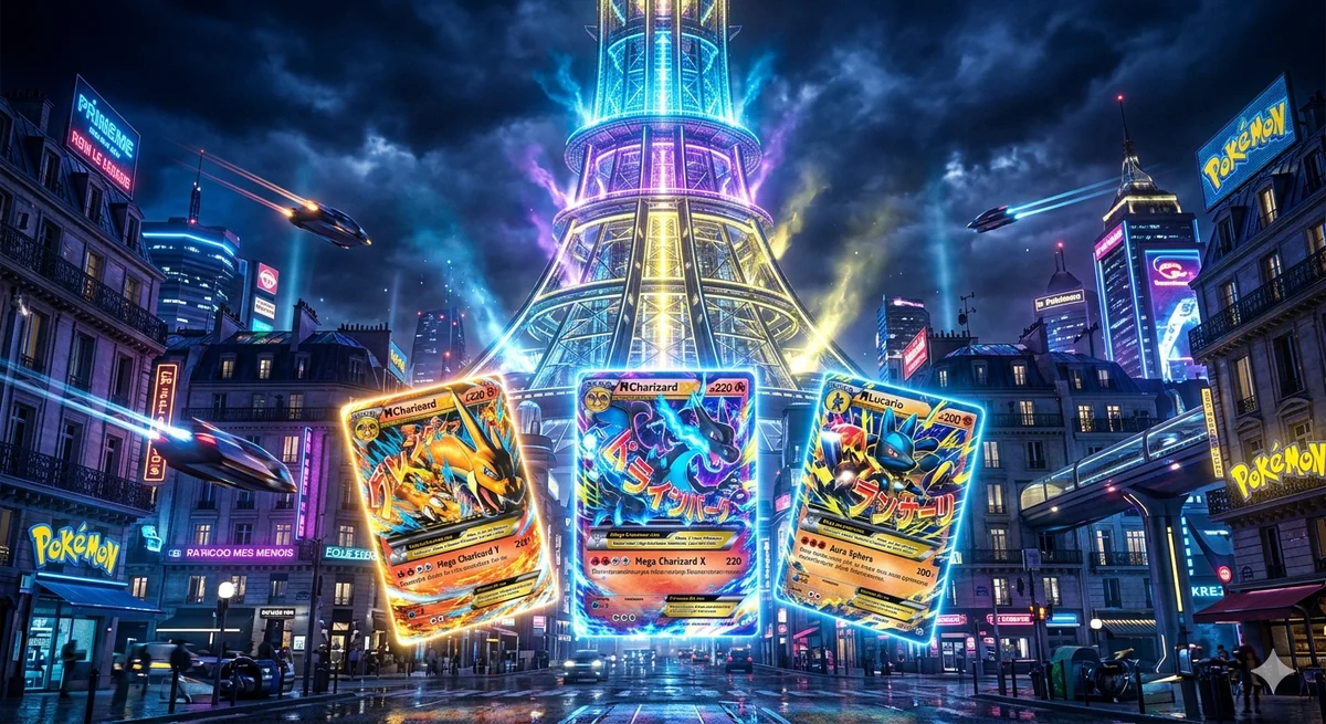 A glowing futuristic cityscape heavily inspired by Lumiose City with floating holographic Pokémon cards representing Mega Evolutions like Charizard and Lucario.