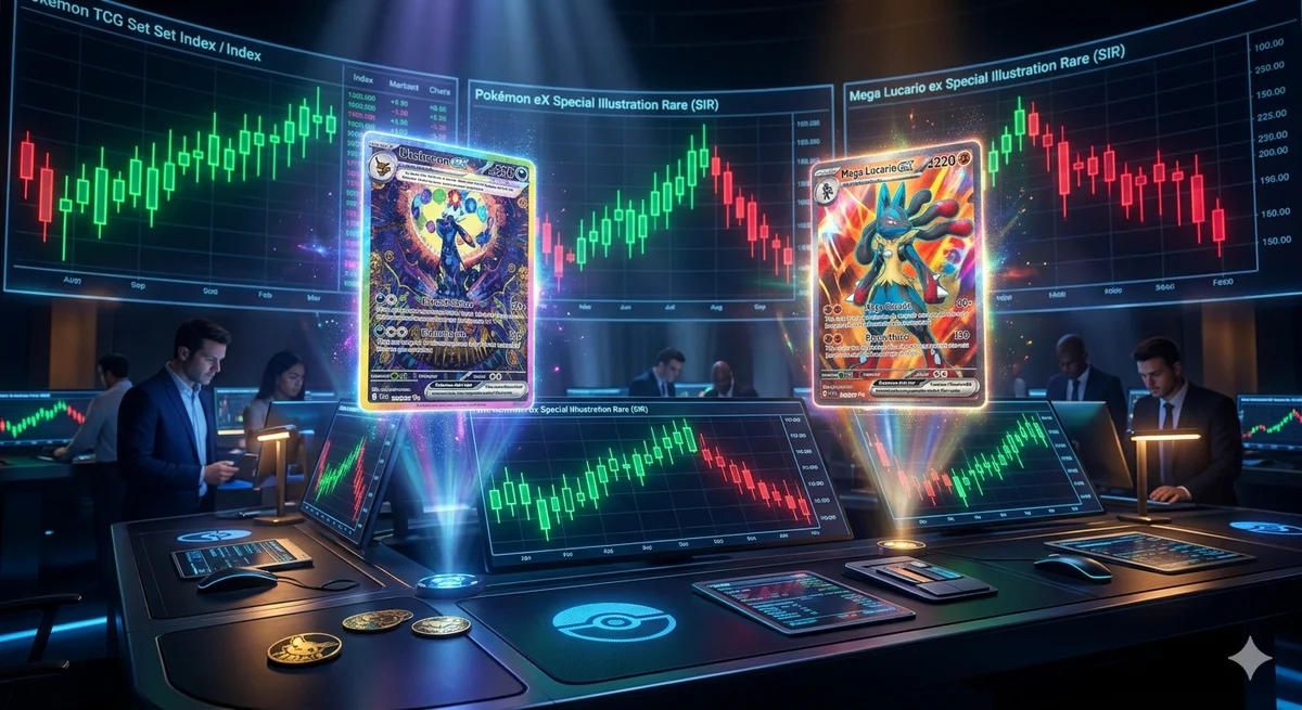 A dramatic stock-market-style display showing Pokémon card prices rising and falling, with holographic Umbreon and Mega Lucario cards floating above glowing green and red price charts.