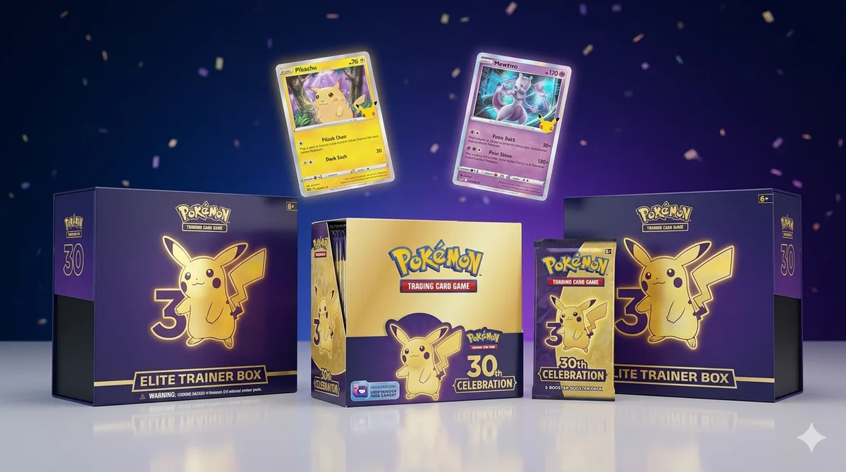 Pokémon TCG 30th Celebration set pre-order — sealed booster box, Elite Trainer Box, and Pikachu anniversary booster pack with a gold 30th stamp.