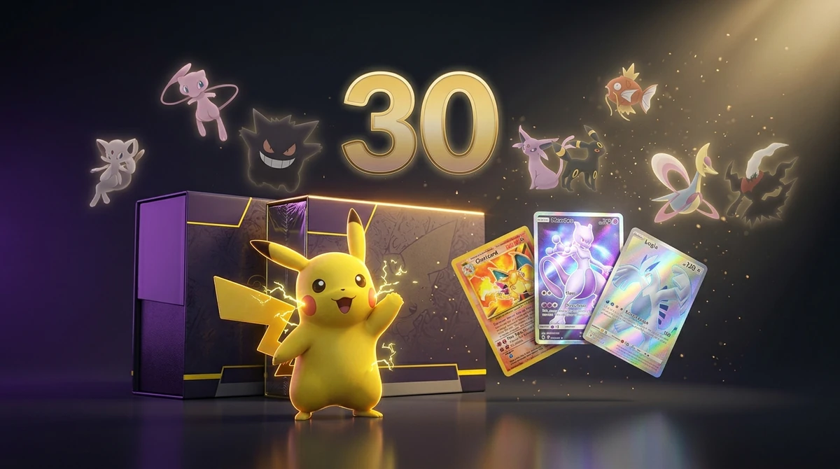 Pokémon TCG 30th Celebration launch day — Pikachu in front of a sealed anniversary booster box and Elite Trainer Box, with Futuristic Rare Mewtwo, Base Set Charizard and Crystal Lugia cards fanned out under a glowing gold 30 emblem.
