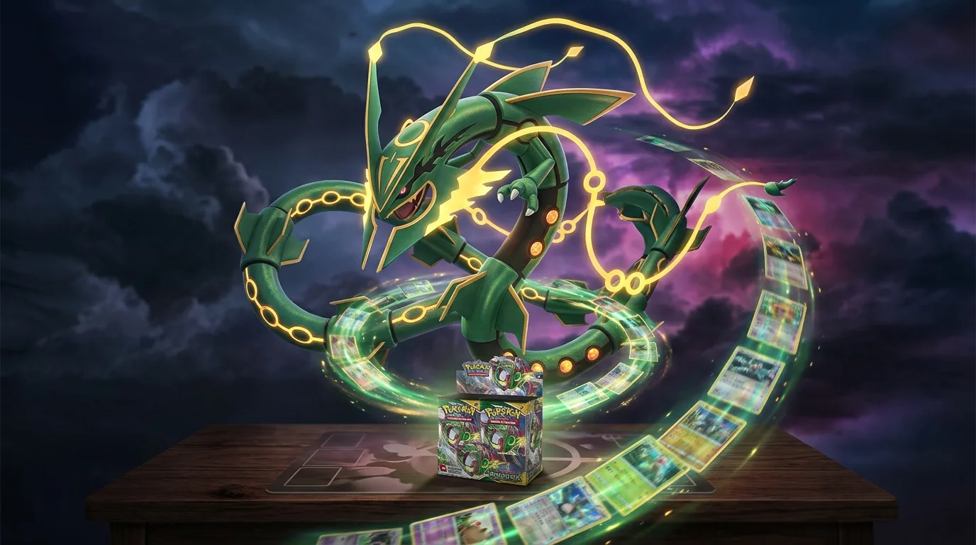 Mega Rayquaza, its long emerald serpentine body traced with glowing gold ring markings and trailing yellow whisker filaments, coils through storm clouds above a sealed booster box on a dark wooden table, as holographic Pokémon cards spiral upward in green and gold light at dusk.