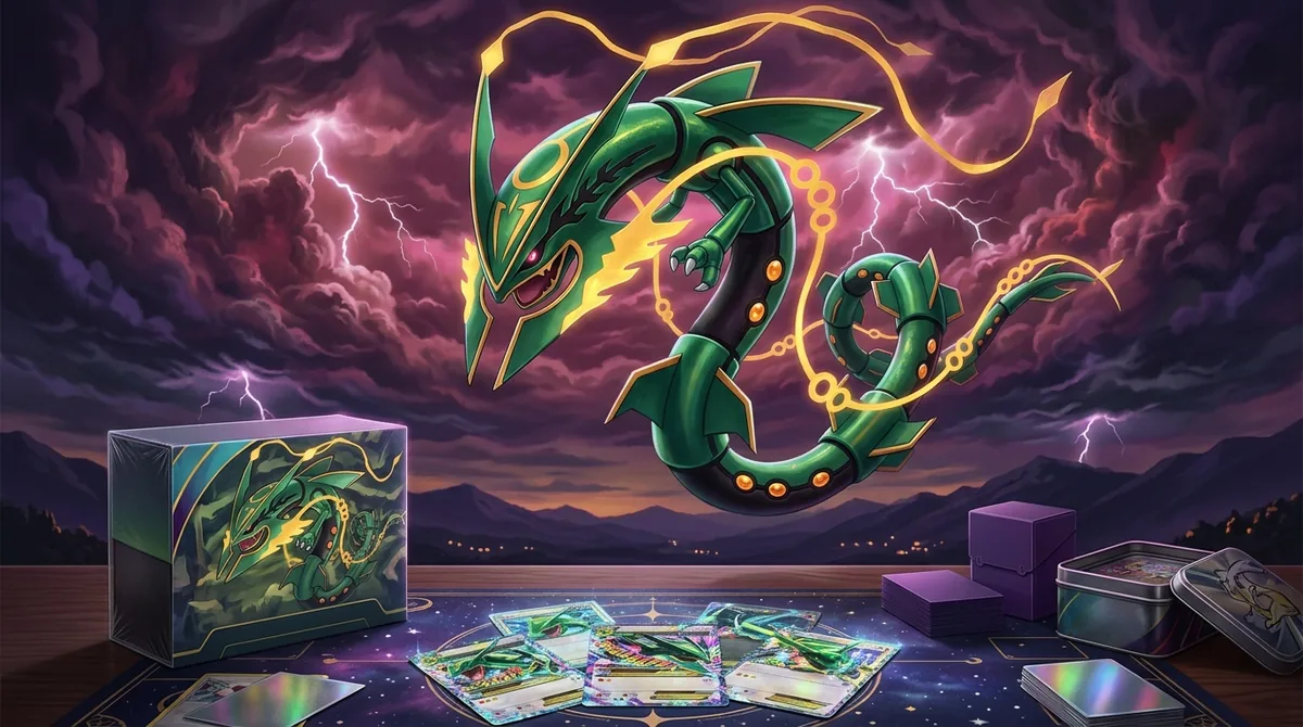 Mega Rayquaza, its long emerald serpentine body striped with glowing gold markings and trailing golden streamers from its jaw, coiling through a storm-green sky above a collector's desk with a sealed booster box, scattered holographic cards and lightning flashing through swirling clouds at dusk.