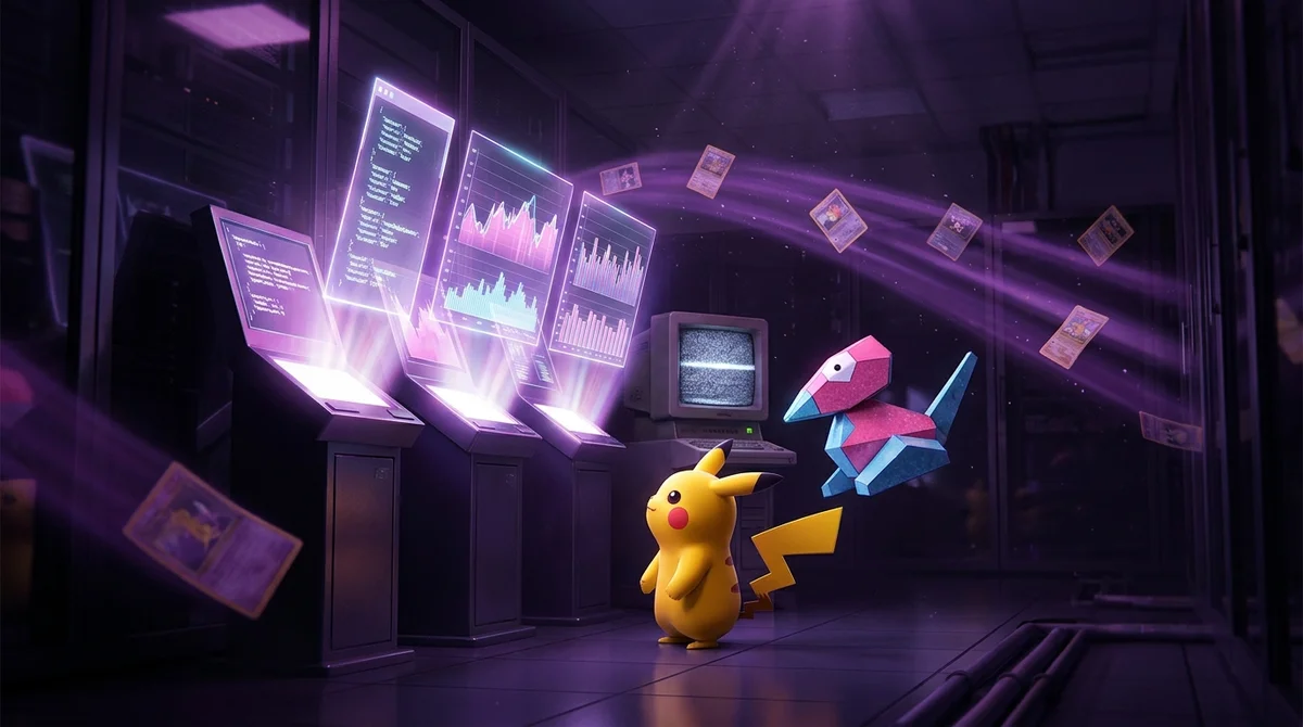 Pikachu and Porygon standing before three glowing holographic terminals that stream JSON card data and price charts, while an old terminal flickers out behind them, in a dark futuristic data center with Pokémon cards drifting through beams of purple light.