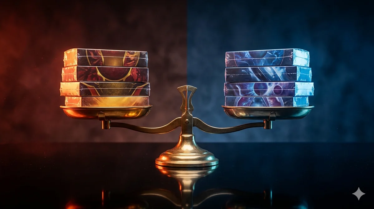 A split-screen comparison of One Piece TCG and Pokémon TCG booster boxes on a balance scale, representing an investment head-to-head.