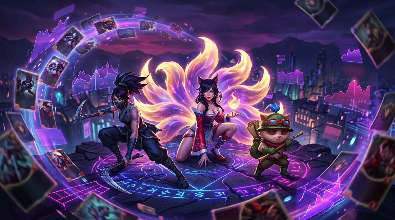Akali in her dark mask with twin kamas crouched beside Ahri with nine glowing fox tails and Teemo in his green scout hat, on a neon-lit holographic battlefield at dusk as Riftbound cards and glowing price charts swirl through the air around them.